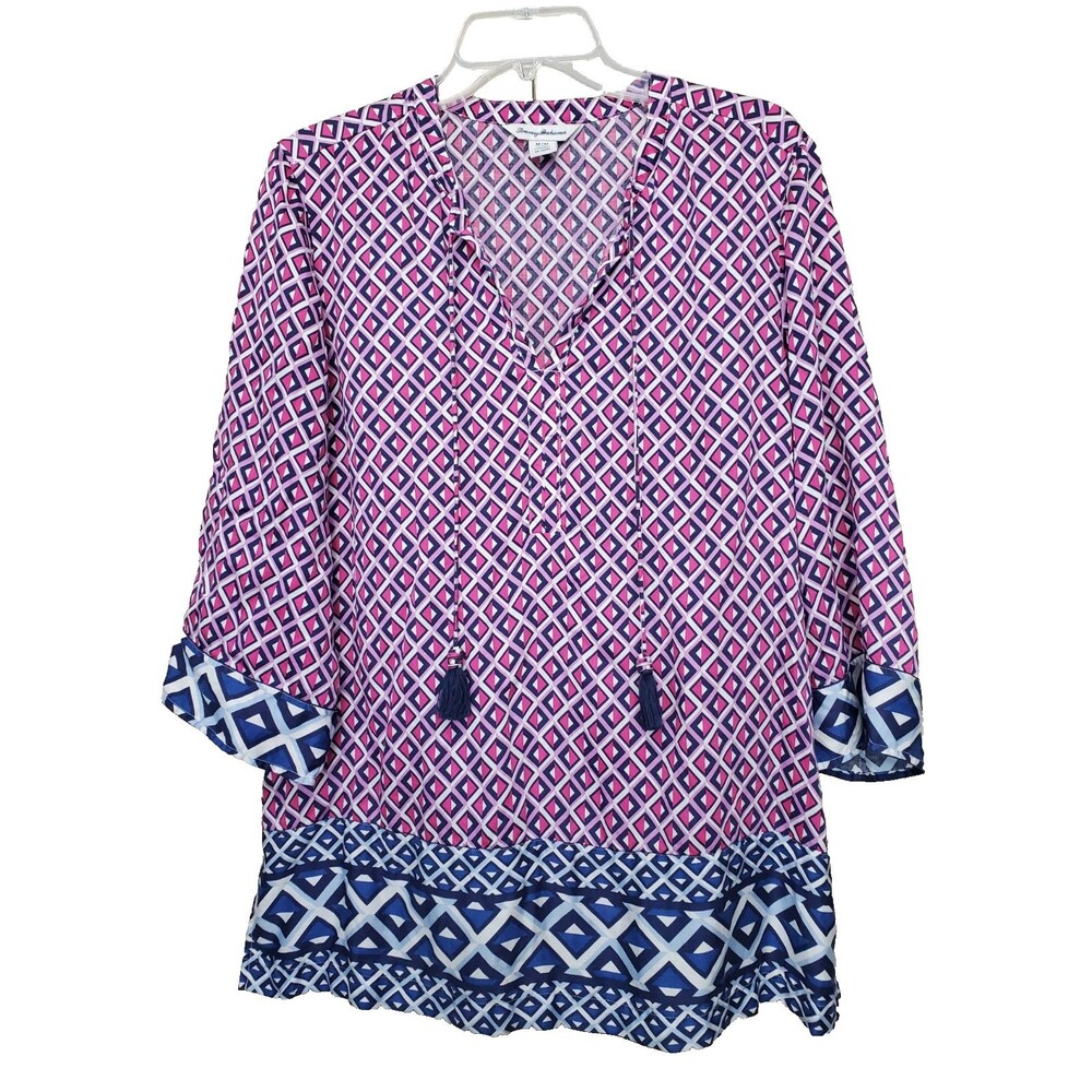 Tommy Bahama Tencel Modal Geo Border Print Tasseled Tie Neck Blouse Size M Boho